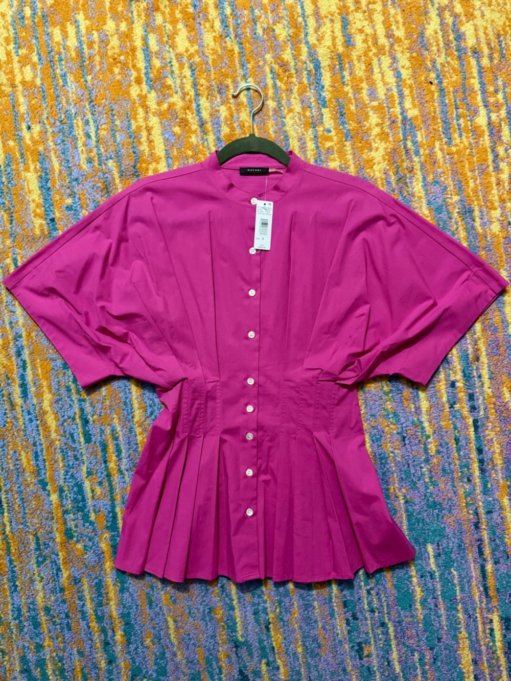 NWT Natori Fuchsia Pleated Peplum Cotton Poplin Button-Front Top - Size 4